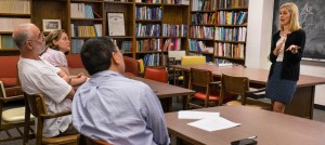 Amanda Hall defends her senior thesis with mathematics professors Laura Sheppardson and Bill Staton.